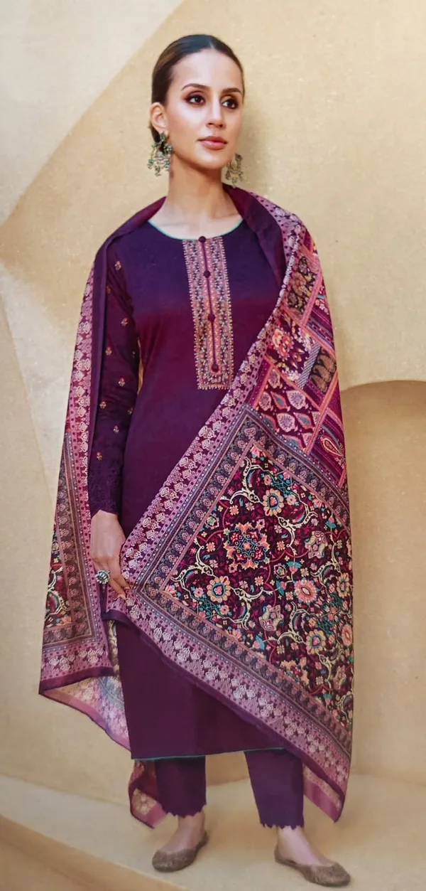 Wine_Unstitched_Suit_Material_With_Floral_Muslin_Dupatta_(Embroidery_Neck_&_Sleevessve)