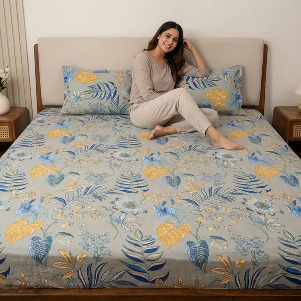 Tropical_Leaf_Print_Bedsheet_Set_With_Pillow_Covers_-_Beige_Base_With_Blue_And_Yellow_Botanical_Design