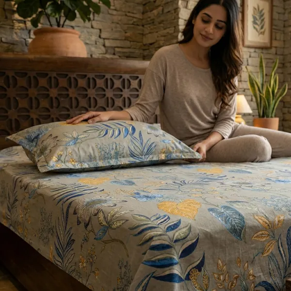 Tropical_Leaf_Print_Bedsheet_Set_With_Pillow_Covers_-_Beige_Base_With_Blue_And_Yellow_Botanical_Design