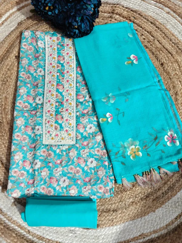 Turquoise_Floral_Print_Cotton_Unstitched_Suit_Material_With_Dupatta