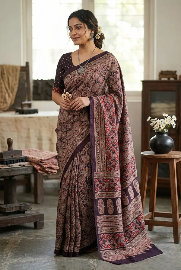 Women'S_Burgundy_Ajrak_Print_Modal_Saree_With_Blouse