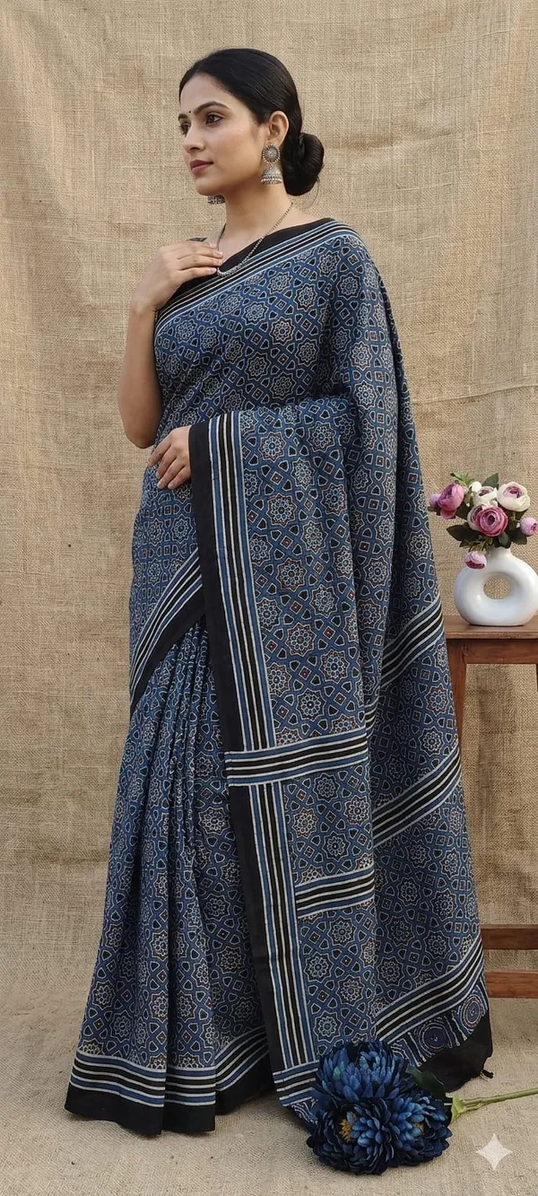 Pure_Modal_Ajrak_Hand_Block_Silk_Saree_With_Blouse