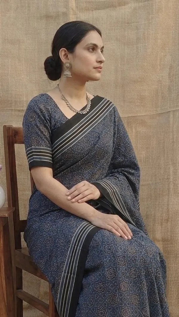 Pure_Modal_Ajrak_Hand_Block_Silk_Saree_With_Blouse