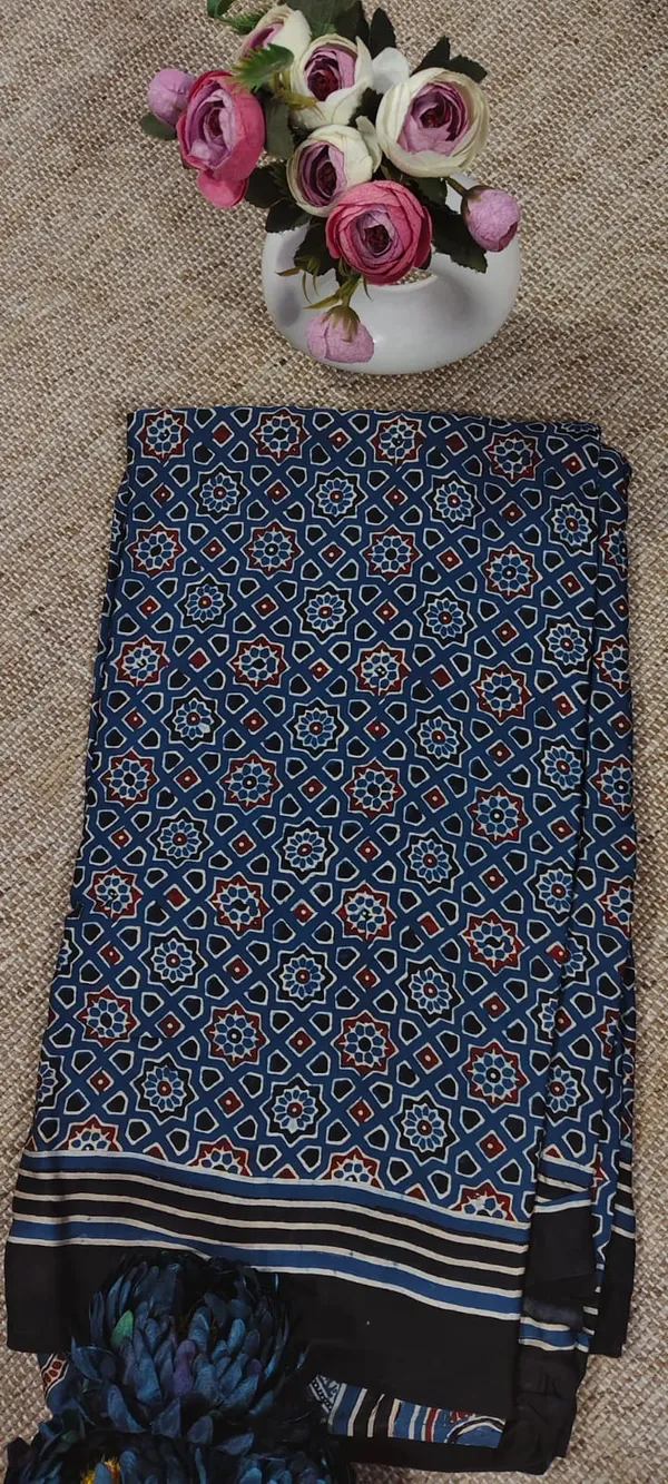 Pure_Modal_Ajrak_Hand_Block_Silk_Saree_With_Blouse
