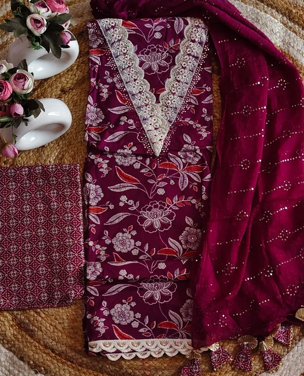 Wine_Floral_Print_Unstitched_Suit_Material_With_Embellished_Dupatta