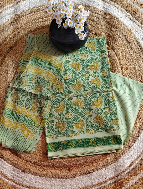 Floral_Jaipuri_Print_Cotton_Unstitched_Suit_Material_With_Chiffon_Dupatta_-_Green_And_Yellow