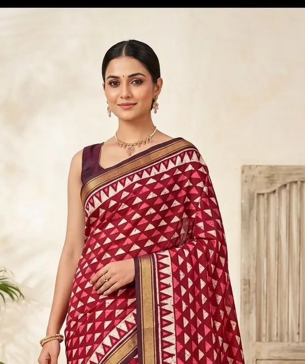 Maroon_Geometric_Print_Traditional_Chanderi_Saree_With_Golden_Zari_Border