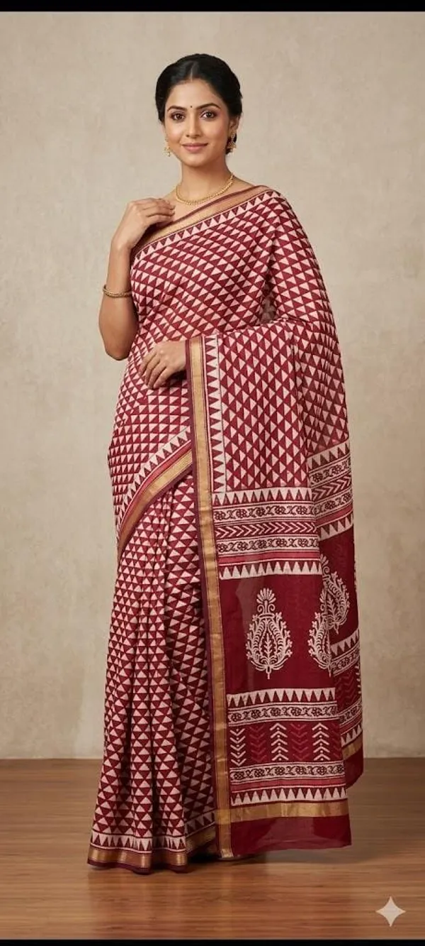 Maroon_Geometric_Print_Traditional_Chanderi_Saree_With_Golden_Zari_Border