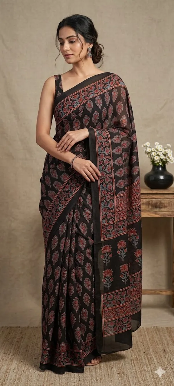 Pure_Modal_Ajrak_Hand_Block_Silk_Saree_With_Blouse
