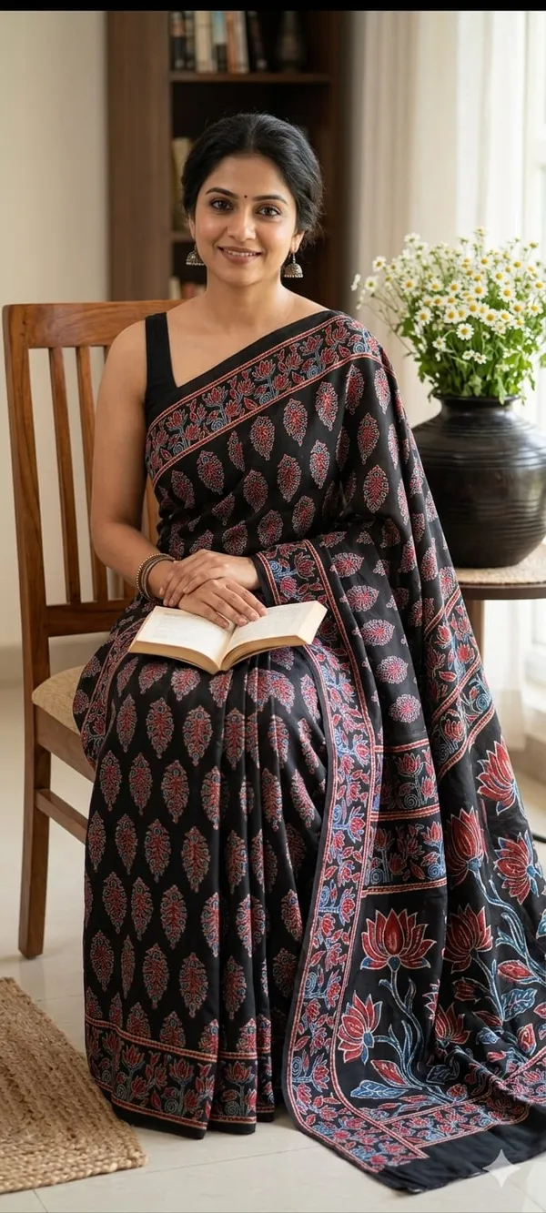 Pure_Modal_Ajrak_Hand_Block_Silk_Saree_With_Blouse