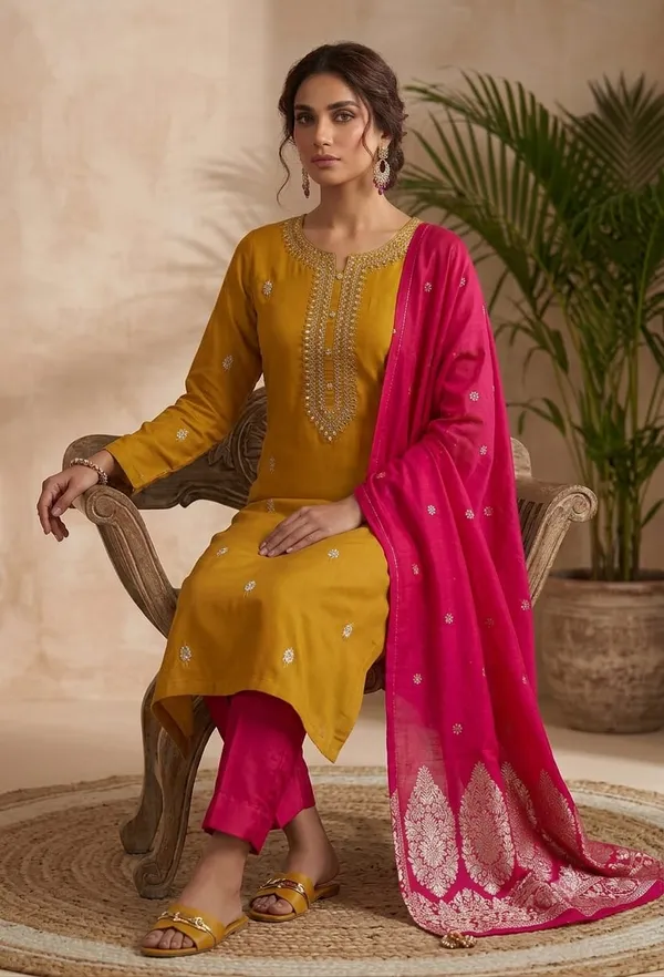 Ethnic_Mustard_Silk_Suit_Material_with_Pink_Banarasi__Dupatta
