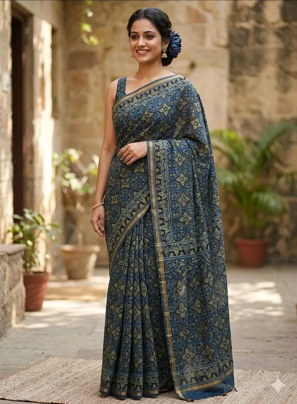 Blue_Ajrak_Handblock_Chanderi_Saree_With_Zari_Border