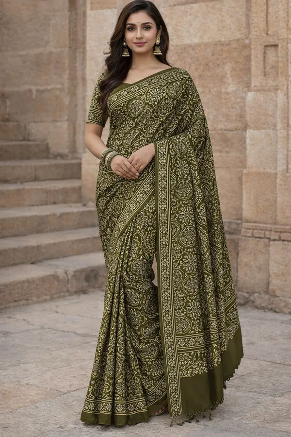 Olive_Green_Ajrak_Print_Modal_Saree_With_Bandhej_Blouse