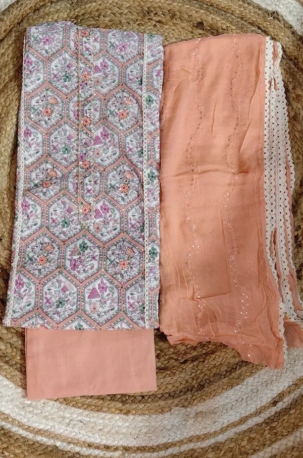 Peach_Cotton_Unstitched_Suit_with_Embroidered_&Sequence__Work