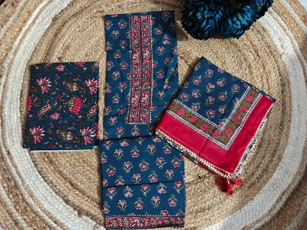 Traditional_Ethnic_Cotton_Unstitched_Suit_Material-Navy_Blue_With_Floral_Print_Red_Border_Dupatta