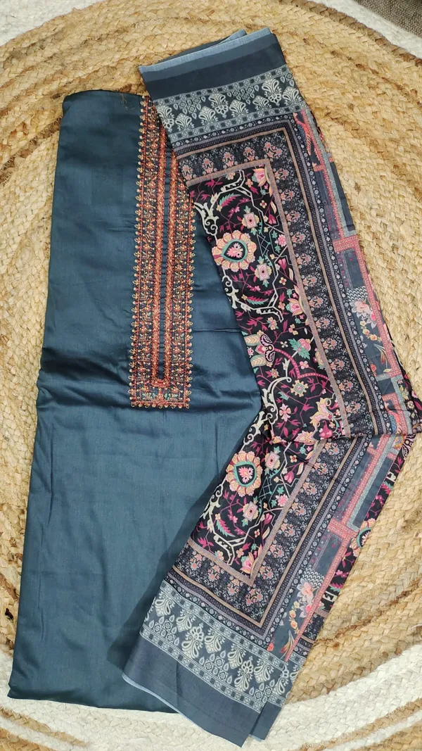 Peacock_Blue_Unstitched_Suit_Material_With_Floral_Muslin_Dupatta_(Embroidery_Neck_&_Sleevessve)