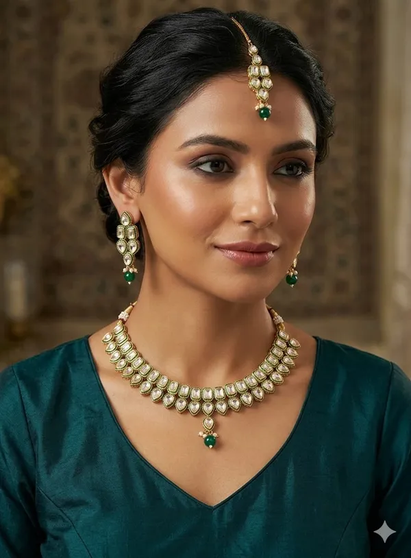 Kundan_Necklace_Set_With_Maang_Tikka_Green_Drop