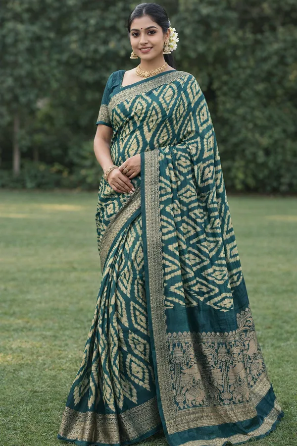 Green_&_Beige_Viscose_Chanderi_Saree_With_Zari_Border