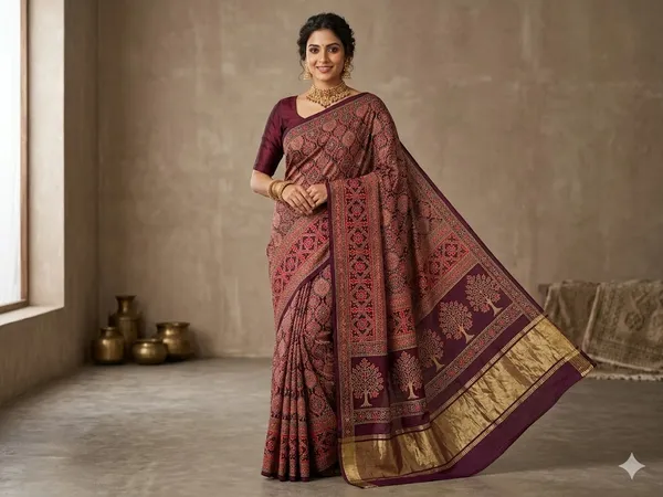 Burgundy_Ajrak_Hand_Block_Pure_Modal_Silk_Saree_With_Blouse