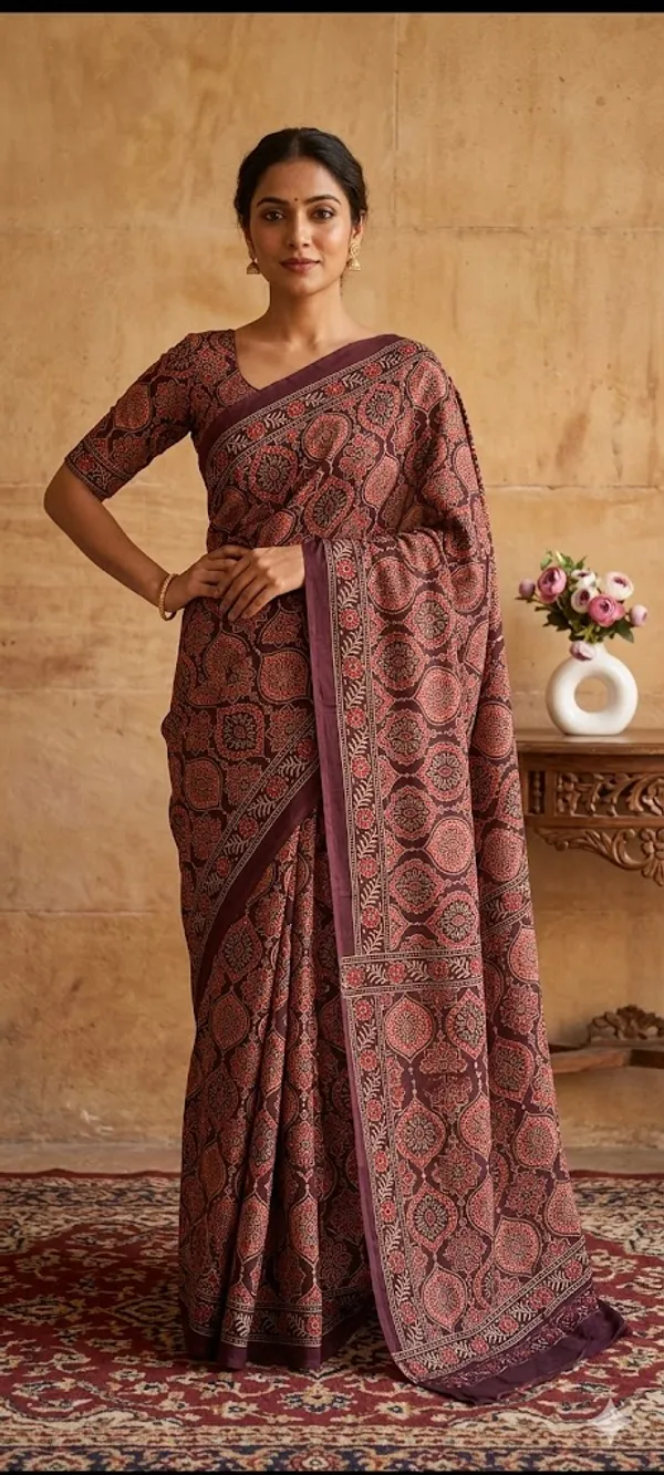 Burgundy_Ajrak_Hand_Block_Pure_Modal_Silk_Saree_With_Blouse