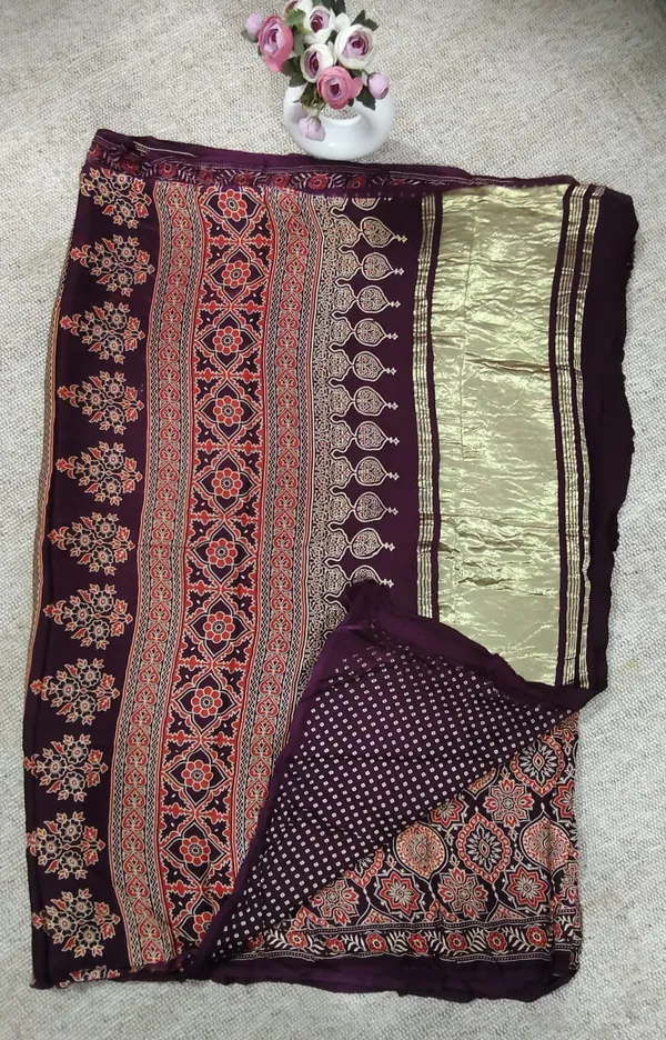 Burgundy_Ajrak_Hand_Block_Pure_Modal_Silk_Saree_With_Blouse