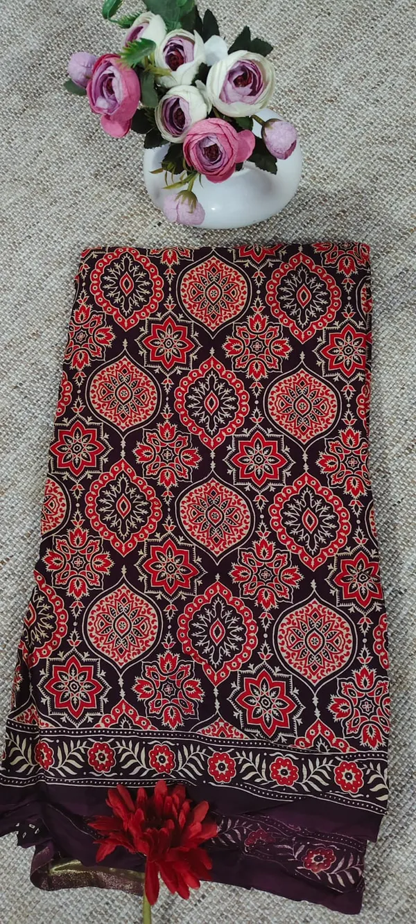 Burgundy_Ajrak_Hand_Block_Pure_Modal_Silk_Saree_With_Blouse