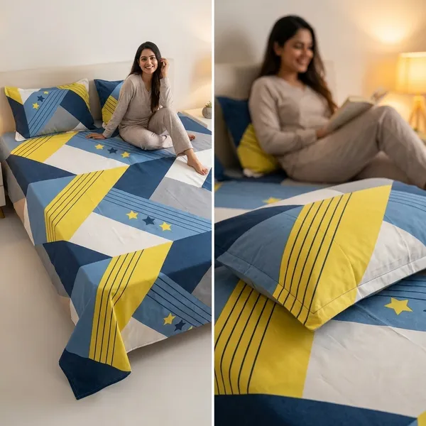 Geometrical_Print_Double_Bedsheet_With_Pillow_Covers-Blue,Yellow_&_Gray