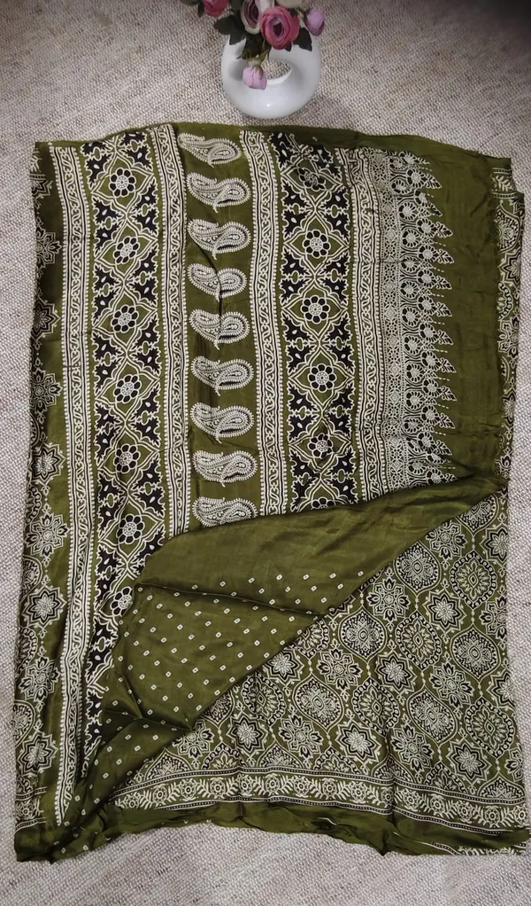 Olive_Green_Ajrak_Print_Modal_Saree_With_Bandhej_Blouse