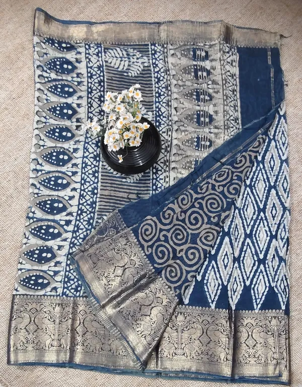 Navy_Blue_Viscose_Chanderi_Saree_With_Godlen_Zari_Border