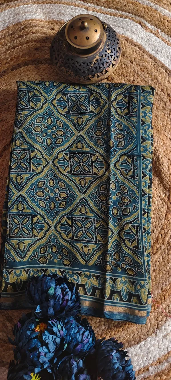 Blue_Ajrak_Handblock_Chanderi_Saree_With_Zari_Border