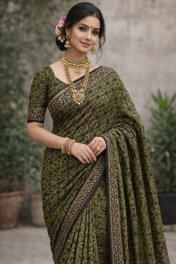 Kota_Doriya_Ajrak_Hand_Block_Saree_With_Cotton_Blouse