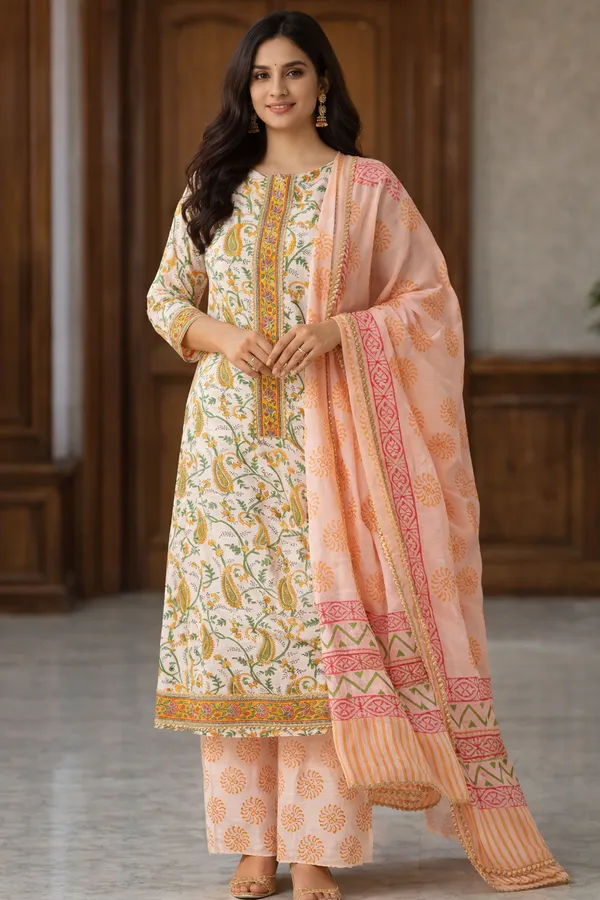 Hand_Block_Printed_Cotton_Unstitched_Suit_Material_With_Dupatta_-_Floral_Paisley_Design_(Off-White_&_Peach)