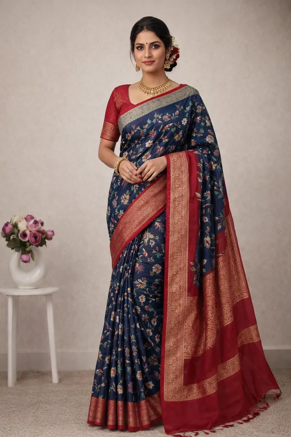 Navy_Blue_Floral_Print_Georgette_Saree_With_Red_Colour_Blouse_With_Zari