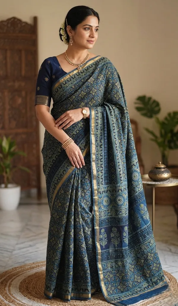 Traditional_Ajrak_Handblock_Chanderi_Saree_With_Zari_Border