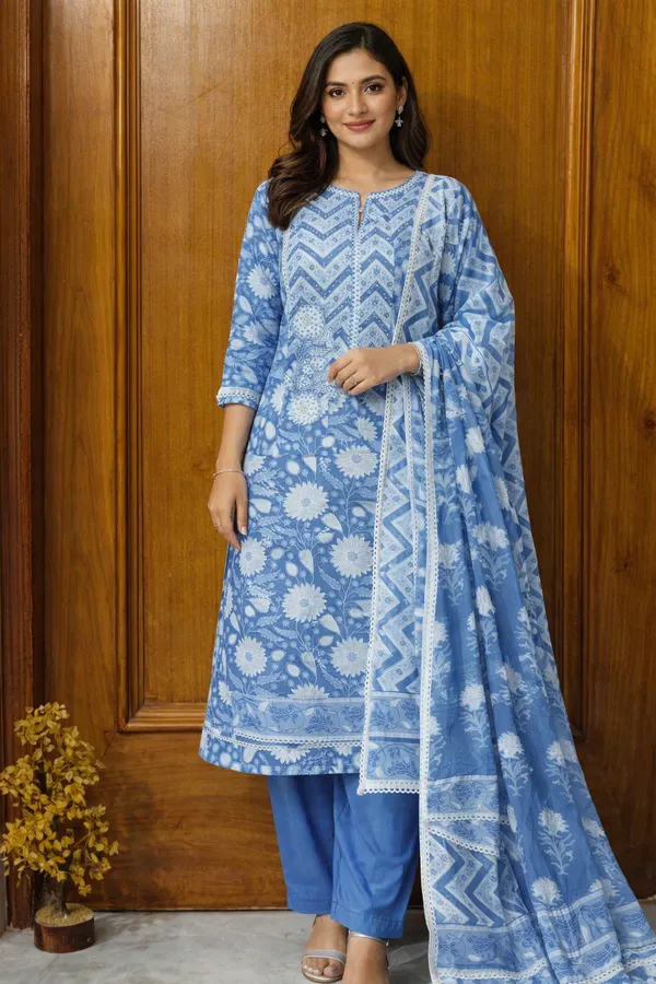Blue_Floral_Print_Cotton_Unstitched_Suit_Material_With_Chevron_Dupatta