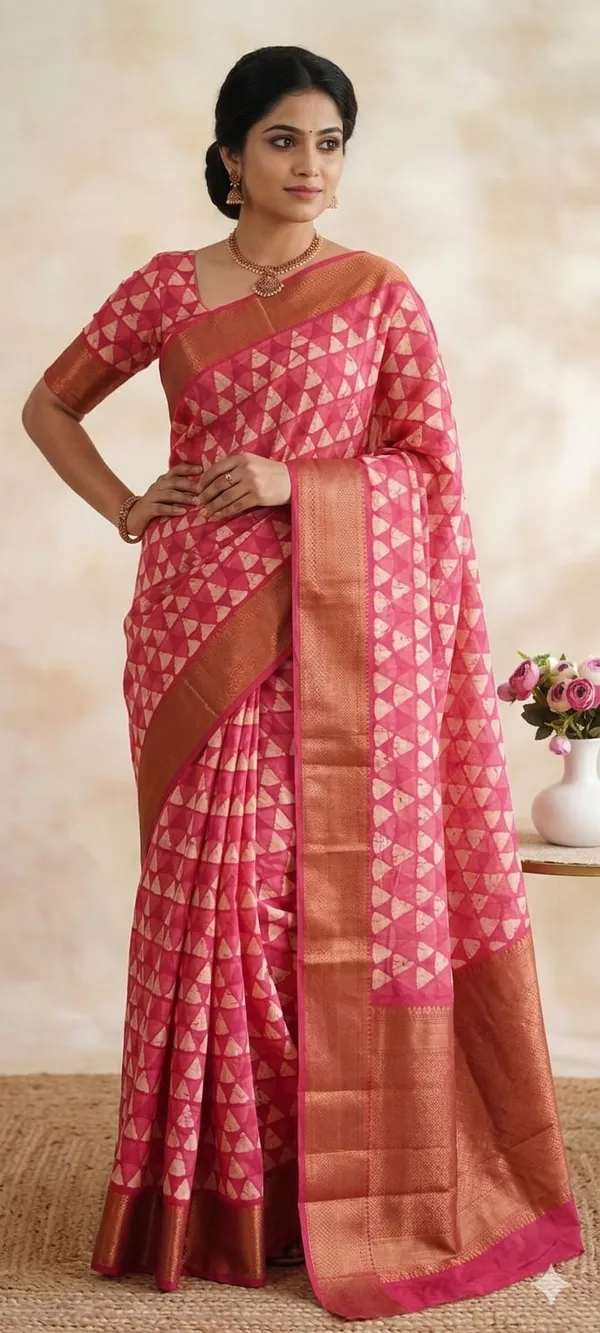 Pink_Triangle_Motif_Traditional_Chanderi_Saree_With_Zari_Border