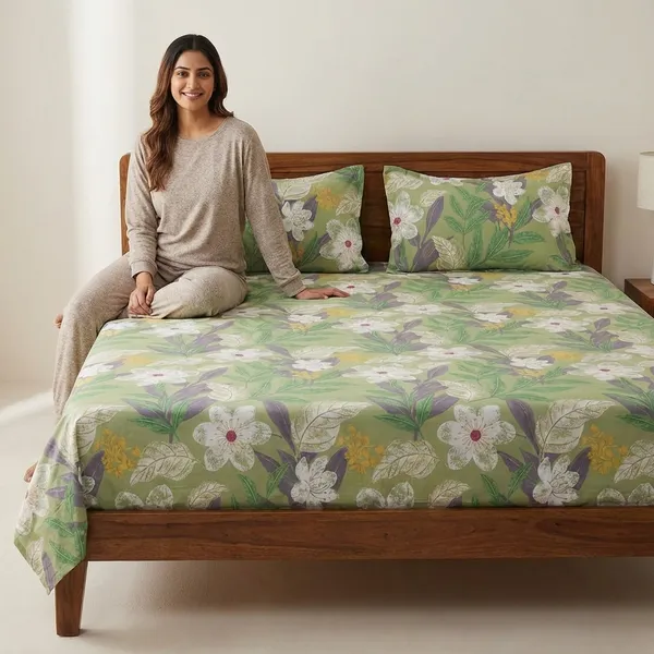 Floral_Print_Cotton_Bedsheet_With_Two_Matching_Quilted_Pillow_Covers