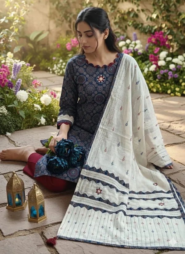 Handblock_Print_Cotton_Unstitched_Suit_Material_With_Aplique_Work_Dupatta_(Blue_And_Maroon)