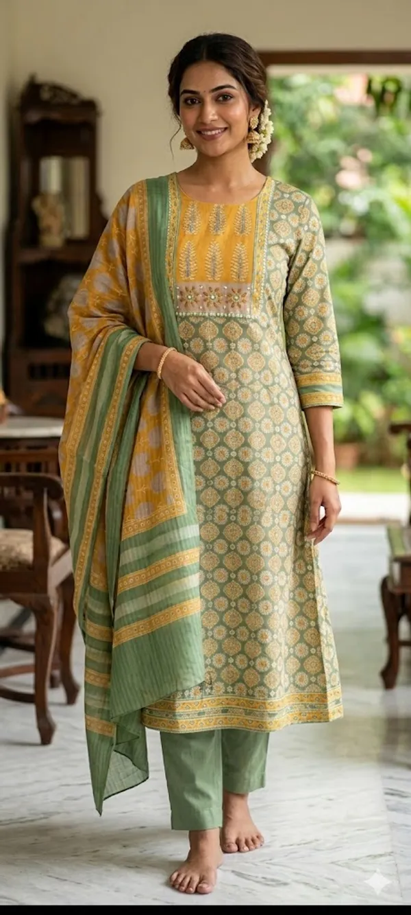 Yellow_And_Green_Ethnic_Unstitched_Suit_Material_With_Dupatta