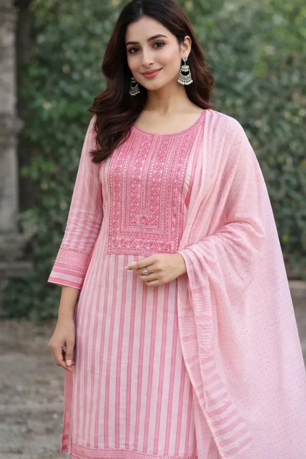 Pink_Striped_Cotton_Unstitched_Salwar_Unstitched_Suit_Material_With_Embroidered_Yoke