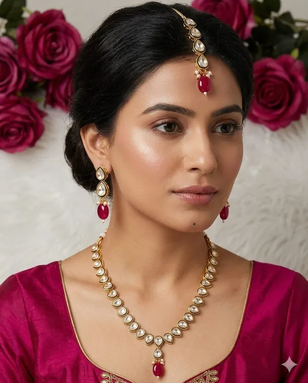 Elegant_Kundan_Necklace_Set_With_Pink_Stone_Pendant_With_Maang_Tikka