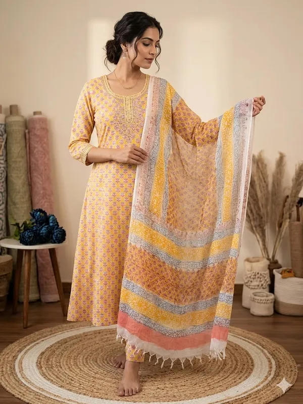 Yellow_Mercerized_Cotton_Unstitched_Suit_With_Chiffon_Dupatta