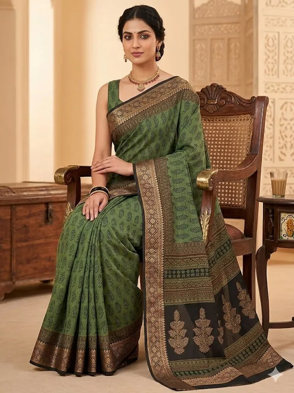Elegant_Dola_Slik_Saree_With_Golden_Zari_Border_(Bagh_Print)