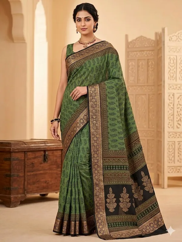 Elegant_Dola_Slik_Saree_With_Golden_Zari_Border_(Bagh_Print)