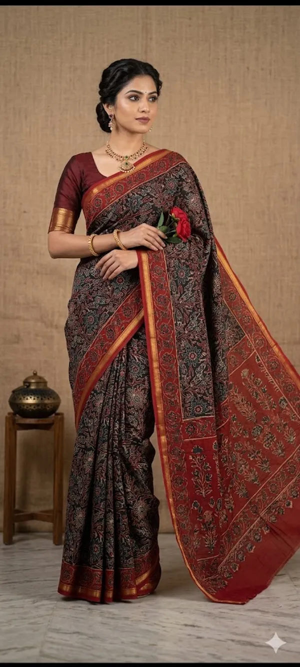 Ajrak_Hand_Block_Chanderi_Saree_With_Zari_Border-Red_&_Black