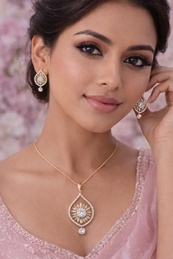 American_Diamond_Gold-Toned_Floral_Pendant_Set_With_Earrings