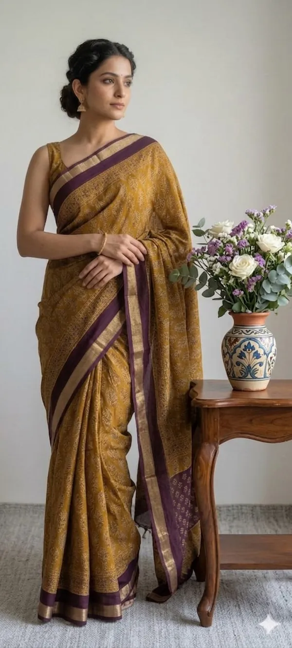 Traditional_Mustard_Yellow_&_Wine_Colour_Saree_With_Blouse