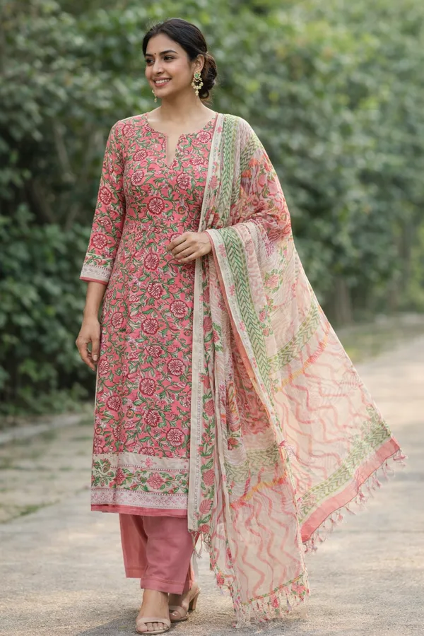 Hand_Block_Printed_Cotton_Unstitched_Suit_Material_With_Kota_Doriya_Floral_Patterns_Dupatta