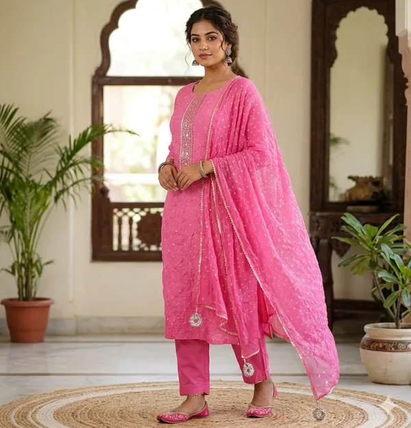 Pink_Embellished_Unstitched_Ethnic_Bandhej_Unstitched_Suit_Material_With_Dupatta