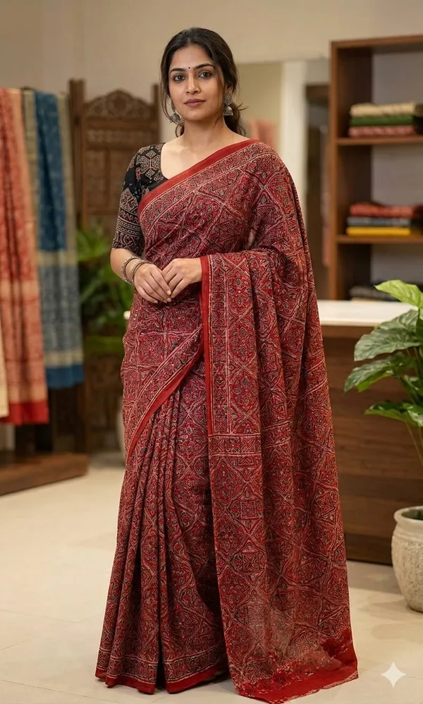 Traditional_Red_Pure_Muslin_Ajrak_Hand_Block_Saree_With_Blouse